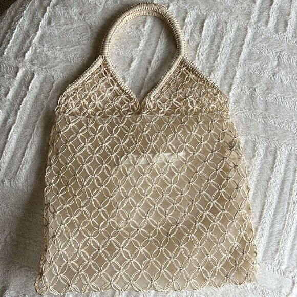 Cream Crochet Coastal Beach Woven Tote Bag Farmers‎ Market Bag - Picture 9 of 10